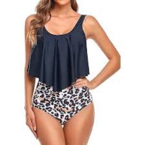 Aqua Eve Black Flounce Bikini with High Waisted Leopard Print Bottoms Size 3XL